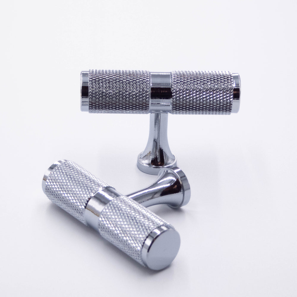 Chrome Knurled T-Bars- Brass Knobs and Pulls